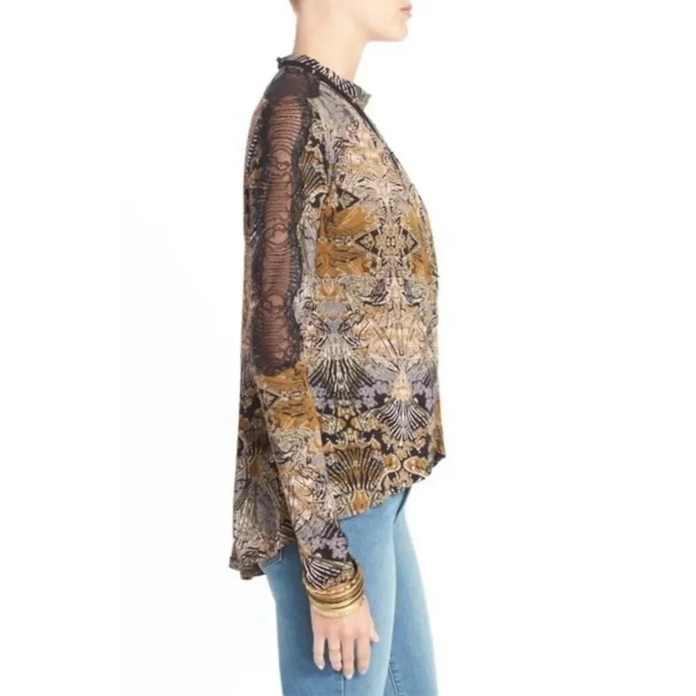 Free People Women's XS Tulip‎ Drape Nouveau Blouse Top Boho Coal Combo Lace
